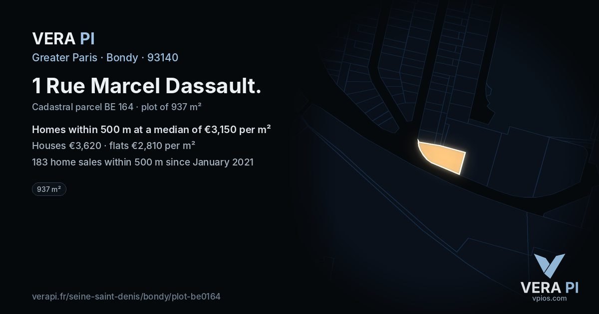 1 Rue Marcel Dassault, Bondy at night – the plot lit, the parcels around coloured by the prices near them