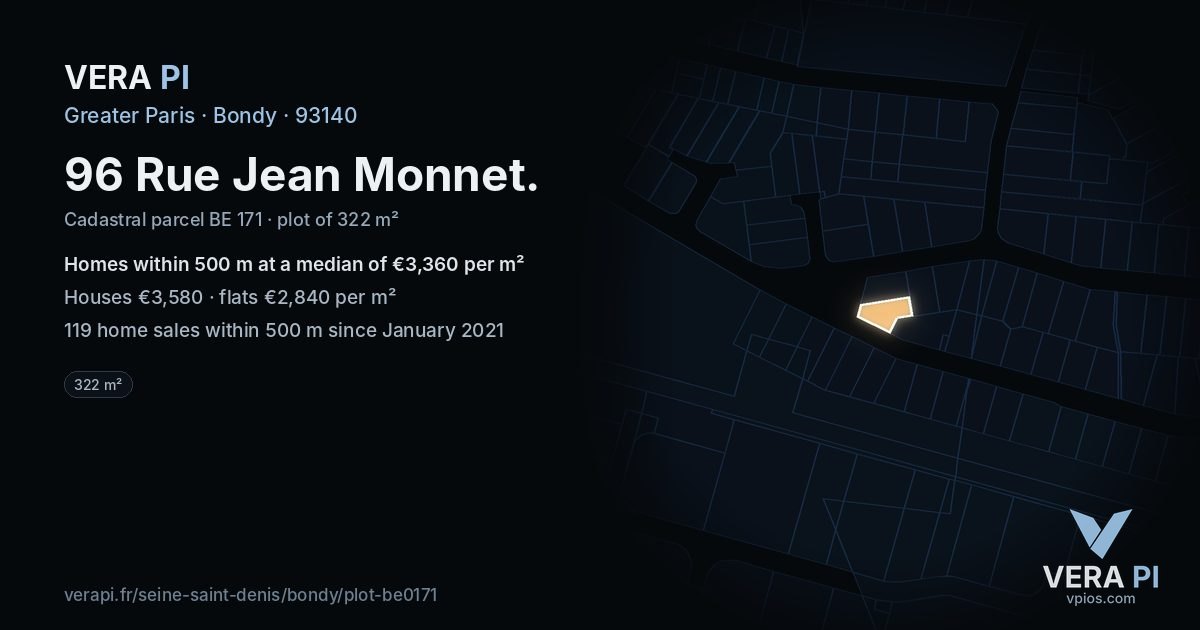 96 Rue Jean Monnet, Bondy at night – the plot lit, the parcels around coloured by the prices near them