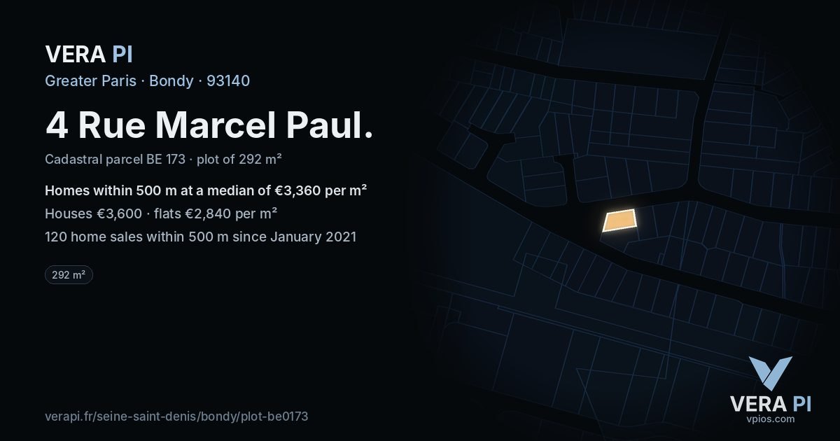 4 Rue Marcel Paul, Bondy at night – the plot lit, the parcels around coloured by the prices near them