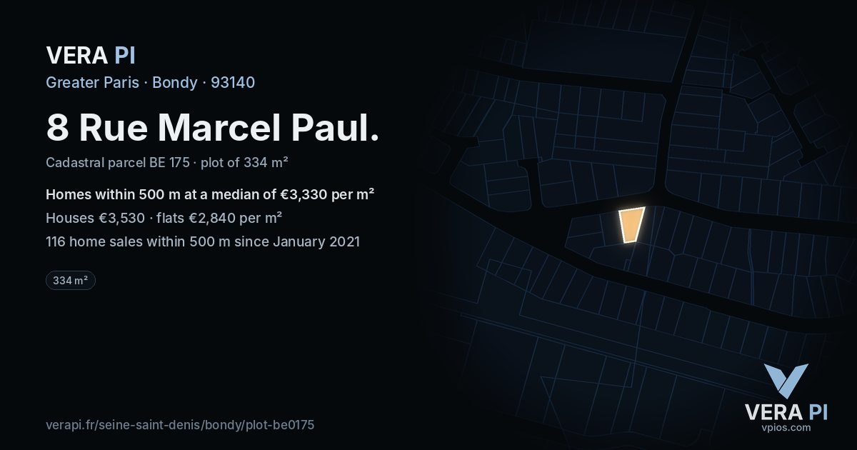 8 Rue Marcel Paul, Bondy at night – the plot lit, the parcels around coloured by the prices near them