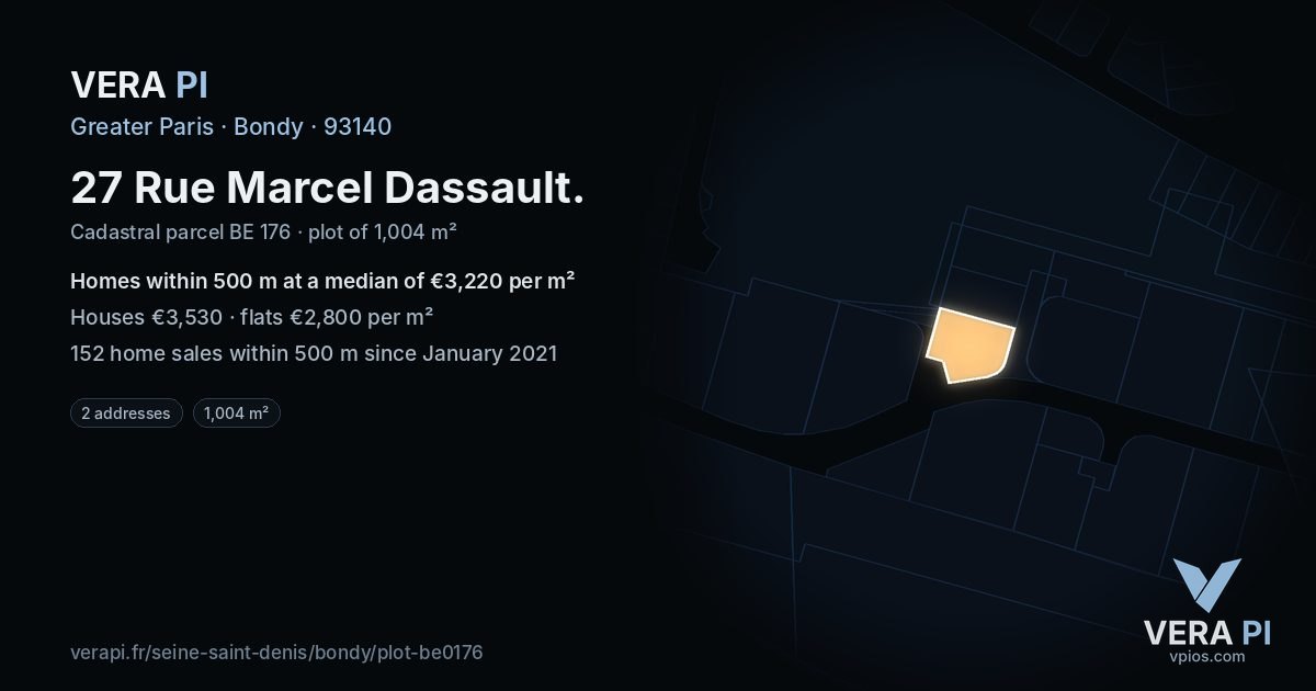 27 Rue Marcel Dassault, Bondy at night – the plot lit, the parcels around coloured by the prices near them