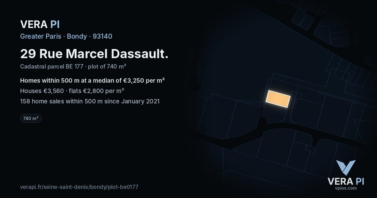 29 Rue Marcel Dassault, Bondy at night – the plot lit, the parcels around coloured by the prices near them