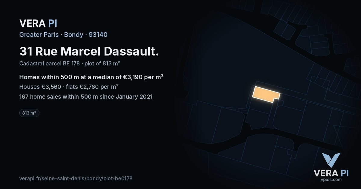 31 Rue Marcel Dassault, Bondy at night – the plot lit, the parcels around coloured by the prices near them