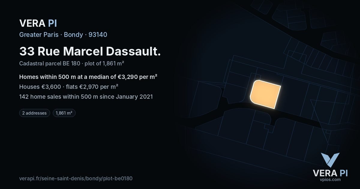 33 Rue Marcel Dassault, Bondy at night – the plot lit, the parcels around coloured by the prices near them