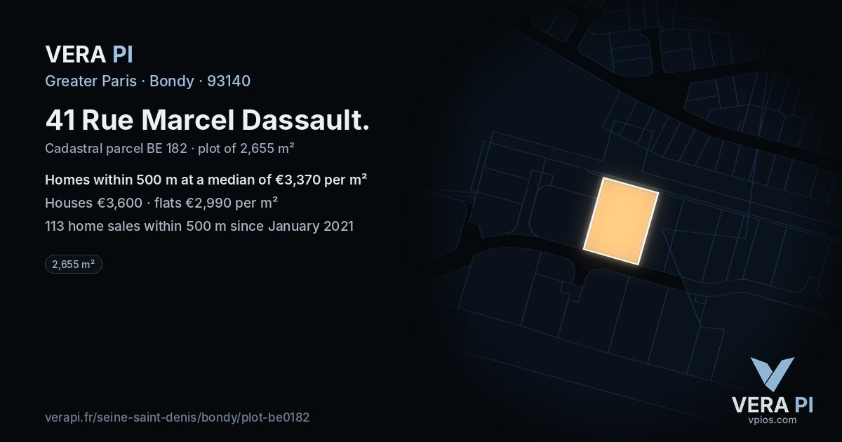 41 Rue Marcel Dassault, Bondy at night – the plot lit, the parcels around coloured by the prices near them