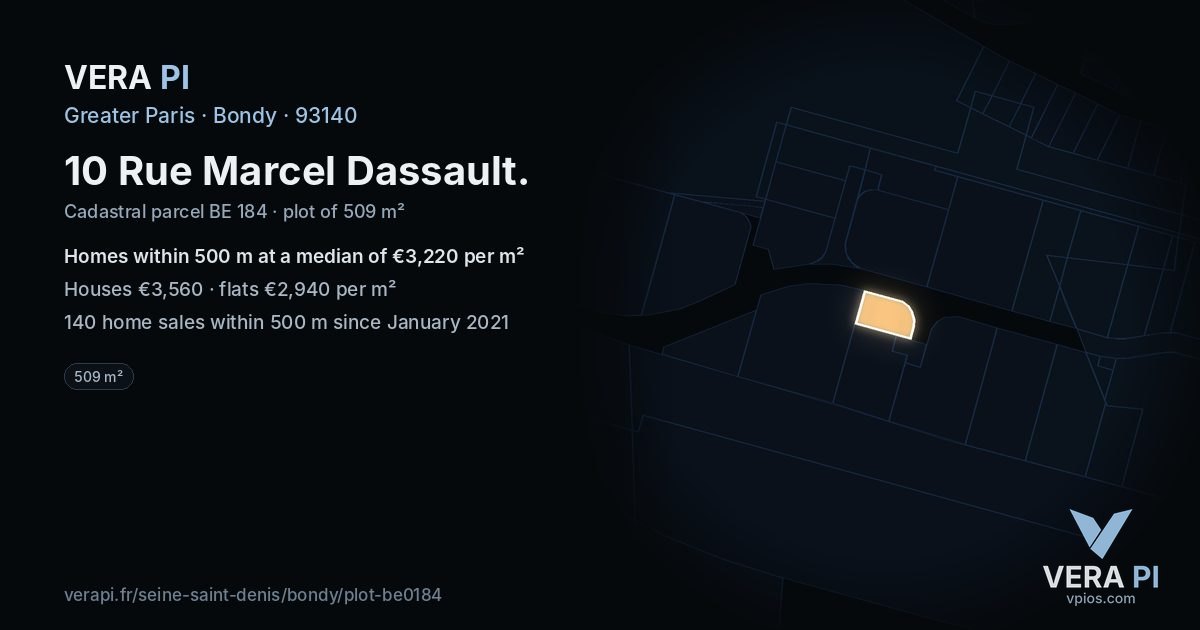 10 Rue Marcel Dassault, Bondy at night – the plot lit, the parcels around coloured by the prices near them
