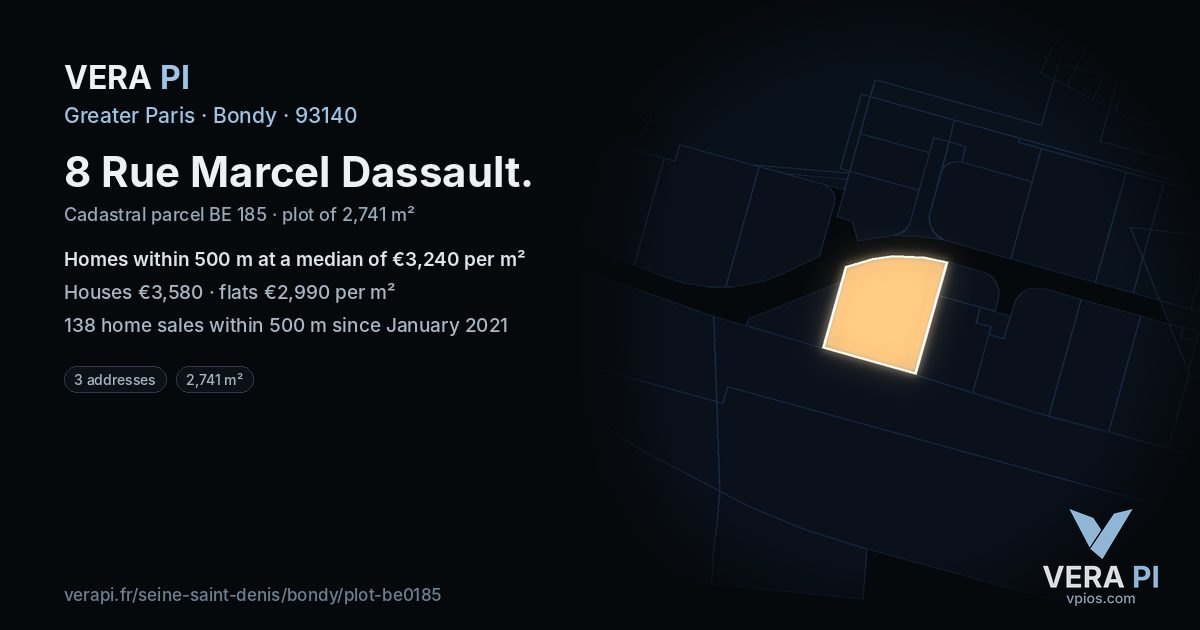 8 Rue Marcel Dassault, Bondy at night – the plot lit, the parcels around coloured by the prices near them