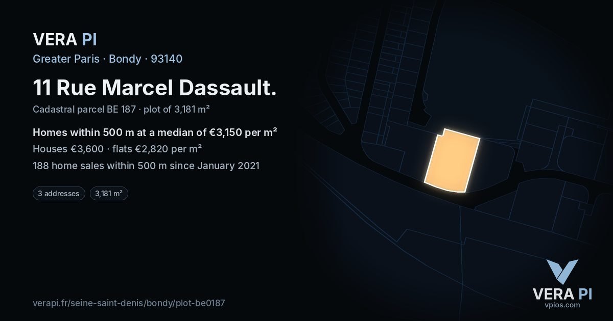 11 Rue Marcel Dassault, Bondy at night – the plot lit, the parcels around coloured by the prices near them