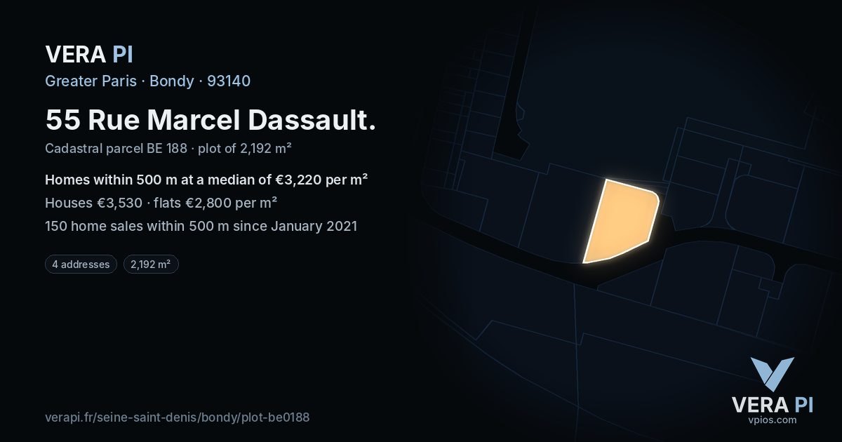 55 Rue Marcel Dassault, Bondy at night – the plot lit, the parcels around coloured by the prices near them