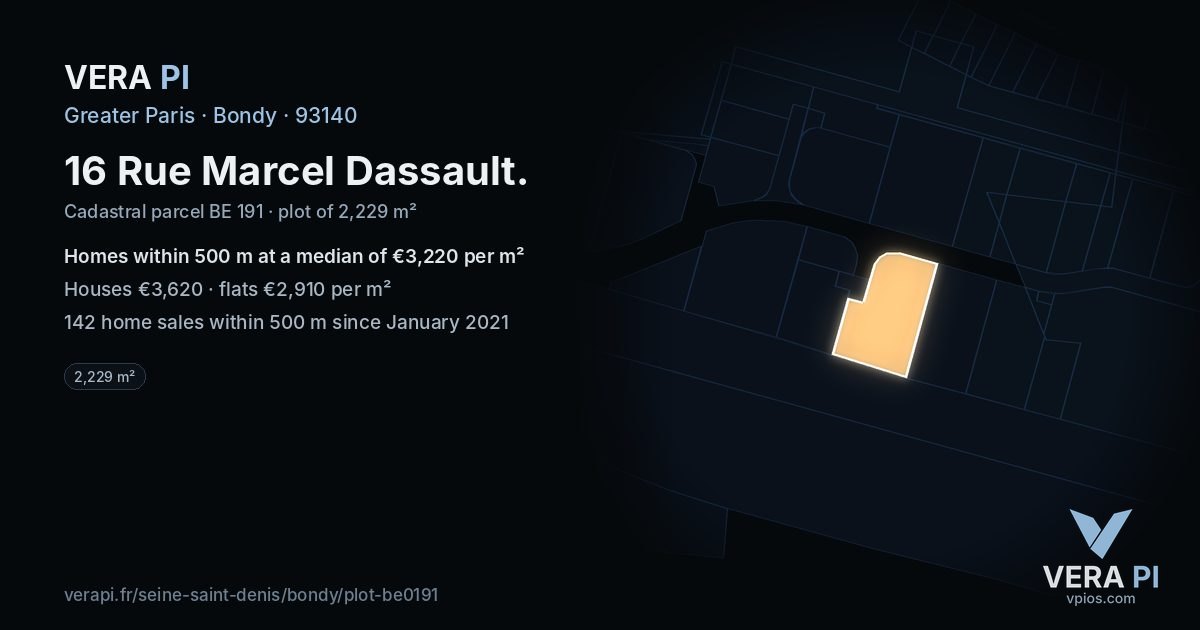 16 Rue Marcel Dassault, Bondy at night – the plot lit, the parcels around coloured by the prices near them