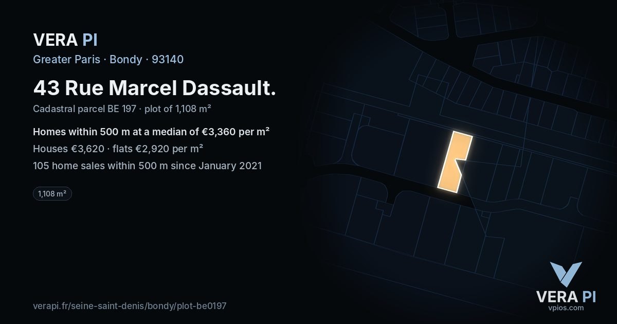 43 Rue Marcel Dassault, Bondy at night – the plot lit, the parcels around coloured by the prices near them
