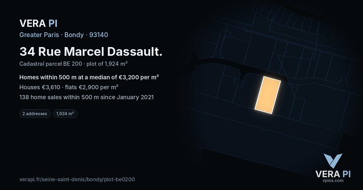 34 Rue Marcel Dassault, Bondy at night – the plot lit, the parcels around coloured by the prices near them
