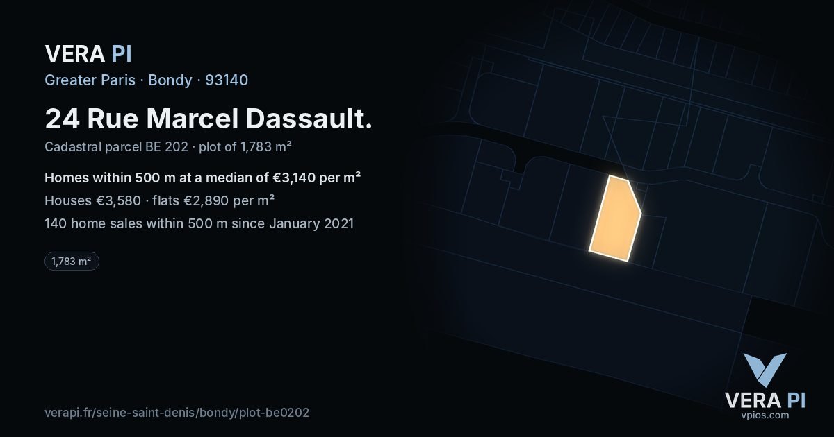 24 Rue Marcel Dassault, Bondy at night – the plot lit, the parcels around coloured by the prices near them
