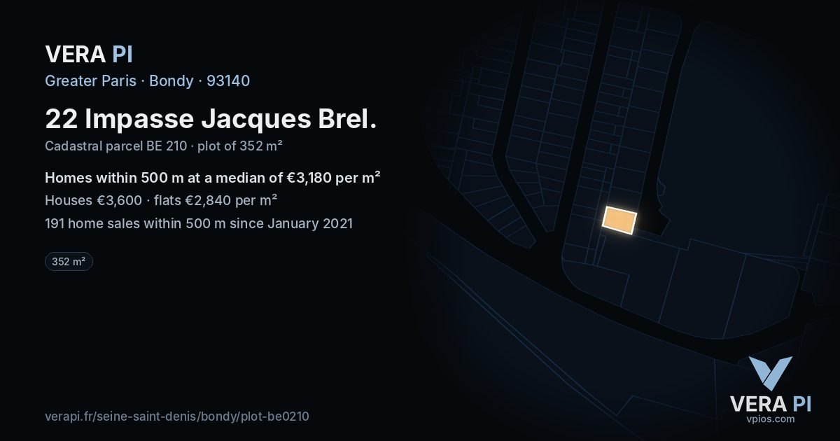 22 Impasse Jacques Brel, Bondy at night – the plot lit, the parcels around coloured by the prices near them