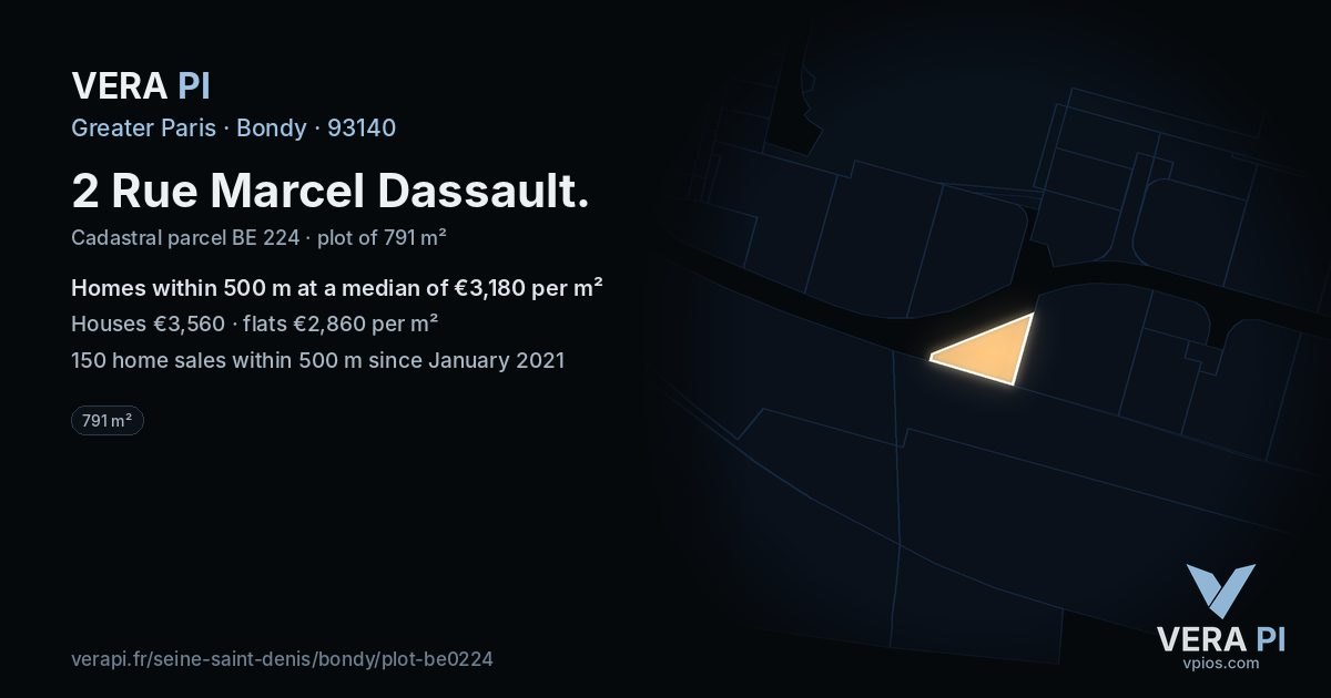 2 Rue Marcel Dassault, Bondy at night – the plot lit, the parcels around coloured by the prices near them