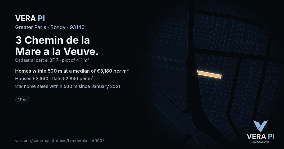 3 Chemin de la Mare a la Veuve, Bondy at night – the plot lit, the parcels around coloured by the prices near them