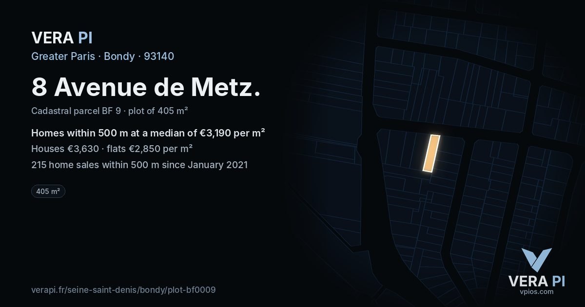 8 Avenue de Metz, Bondy at night – the plot lit, the parcels around coloured by the prices near them