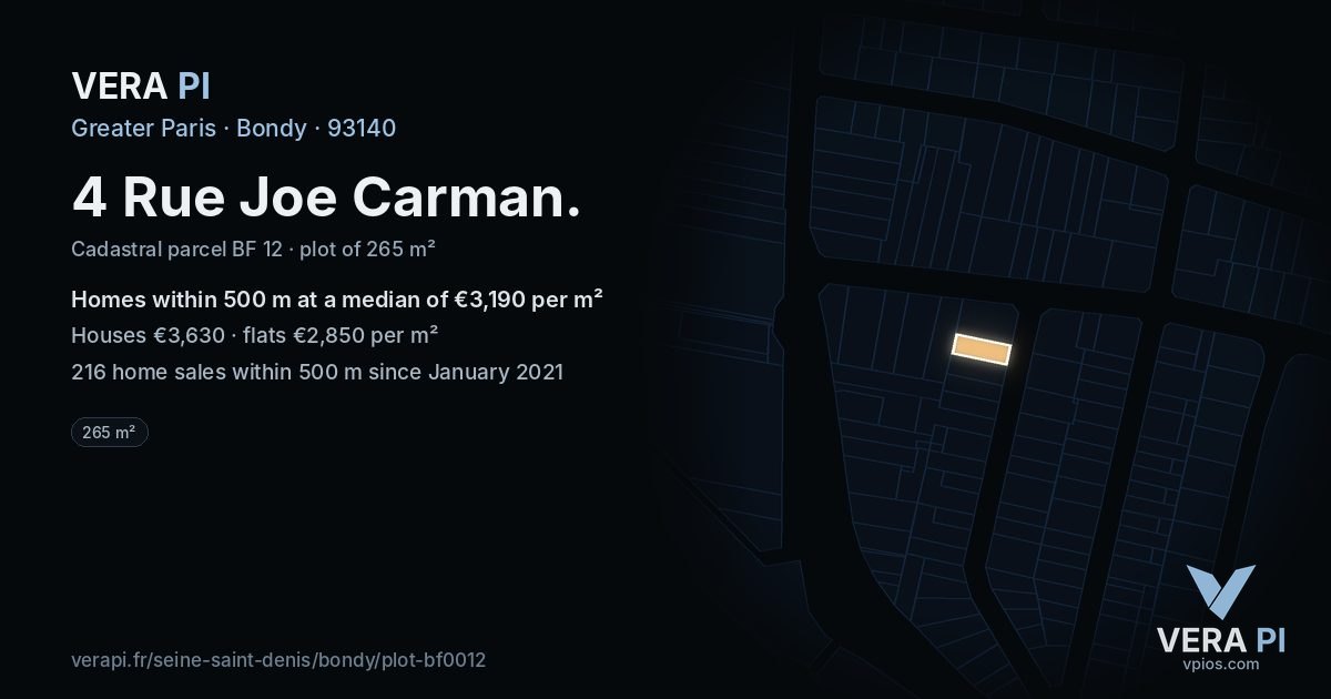 4 Rue Joe Carman, Bondy at night – the plot lit, the parcels around coloured by the prices near them
