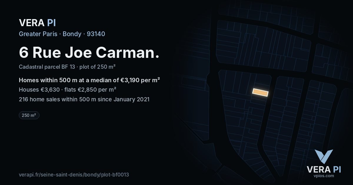 6 Rue Joe Carman, Bondy at night – the plot lit, the parcels around coloured by the prices near them