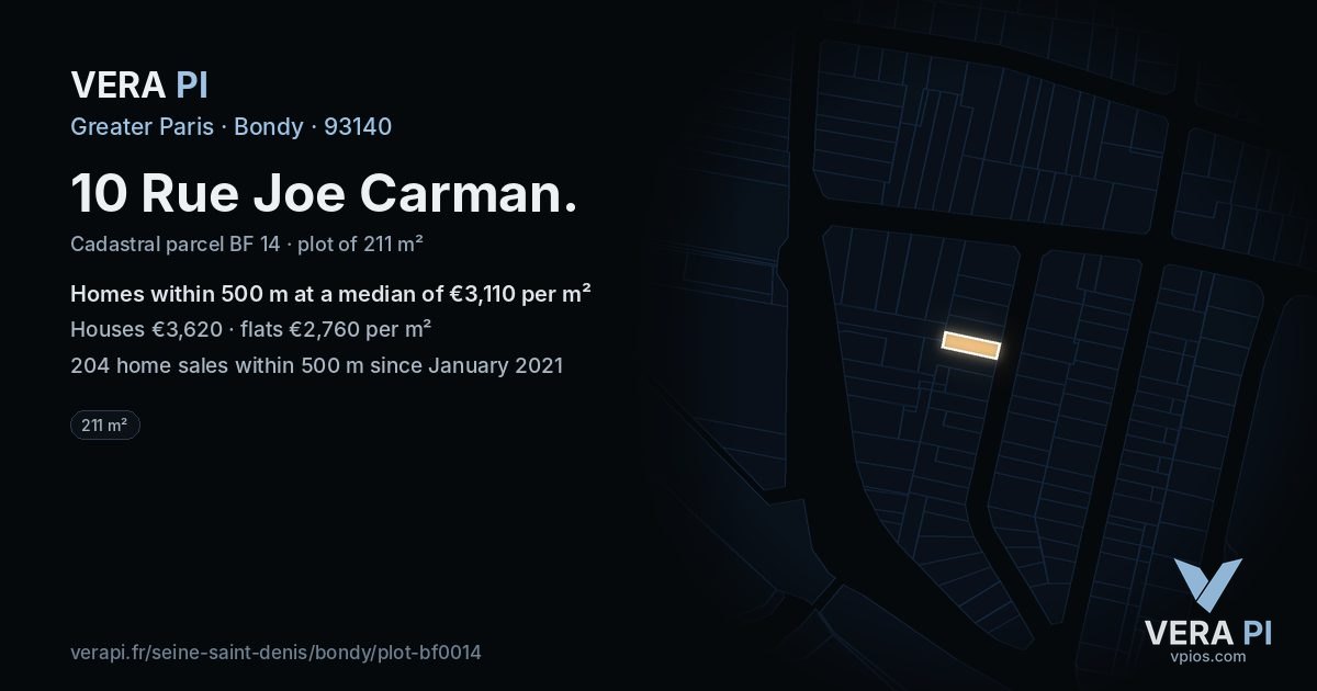 10 Rue Joe Carman, Bondy at night – the plot lit, the parcels around coloured by the prices near them