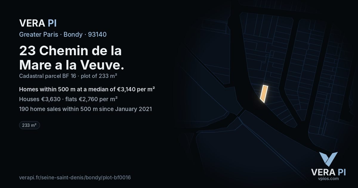 23 Chemin de la Mare a la Veuve, Bondy at night – the plot lit, the parcels around coloured by the prices near them