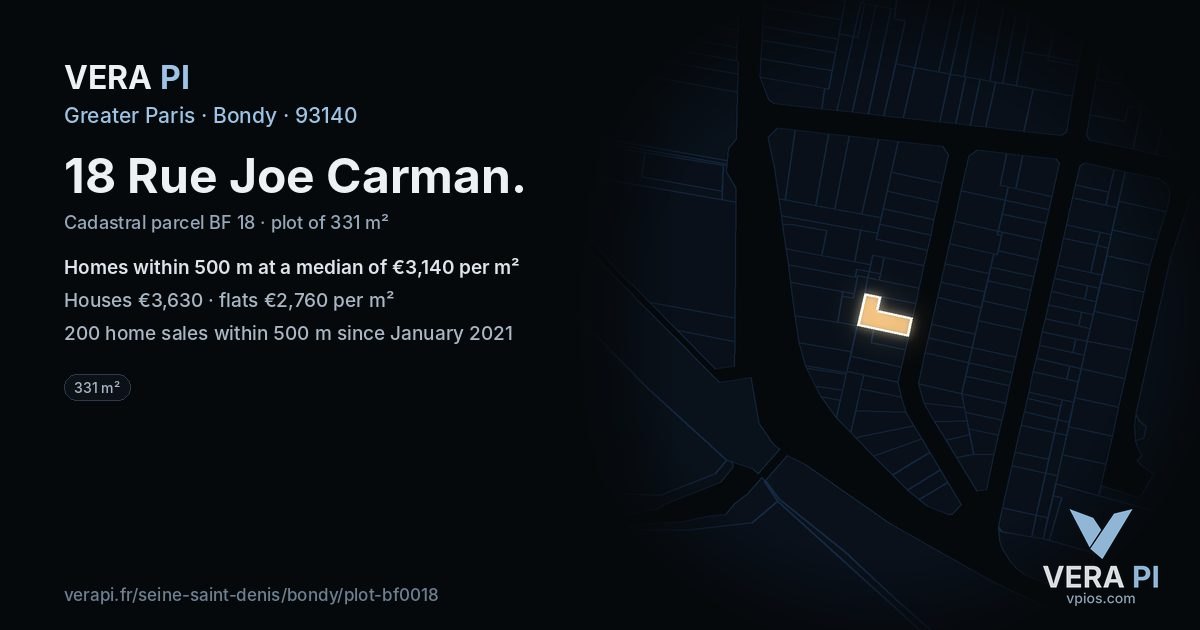 18 Rue Joe Carman, Bondy at night – the plot lit, the parcels around coloured by the prices near them