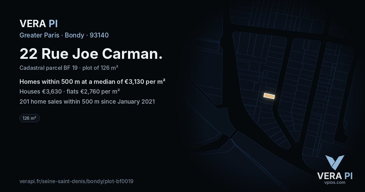 22 Rue Joe Carman, Bondy at night – the plot lit, the parcels around coloured by the prices near them
