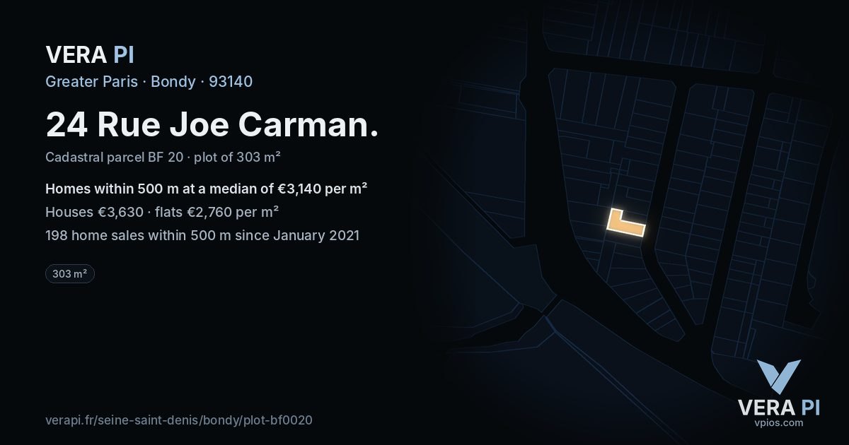 24 Rue Joe Carman, Bondy at night – the plot lit, the parcels around coloured by the prices near them