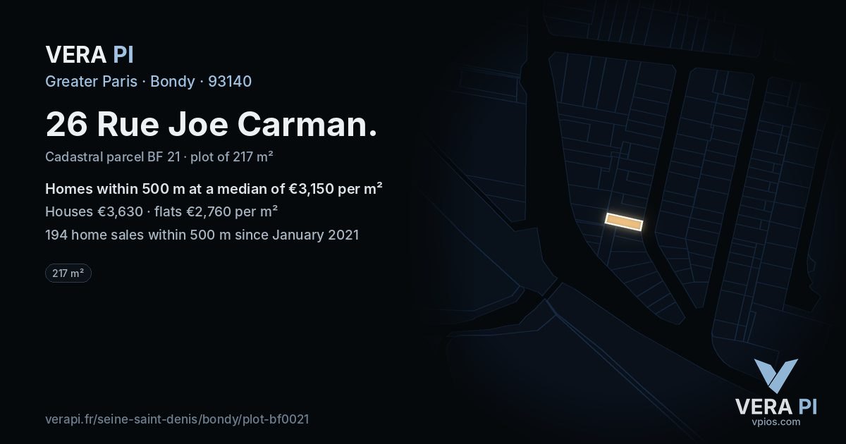 26 Rue Joe Carman, Bondy at night – the plot lit, the parcels around coloured by the prices near them