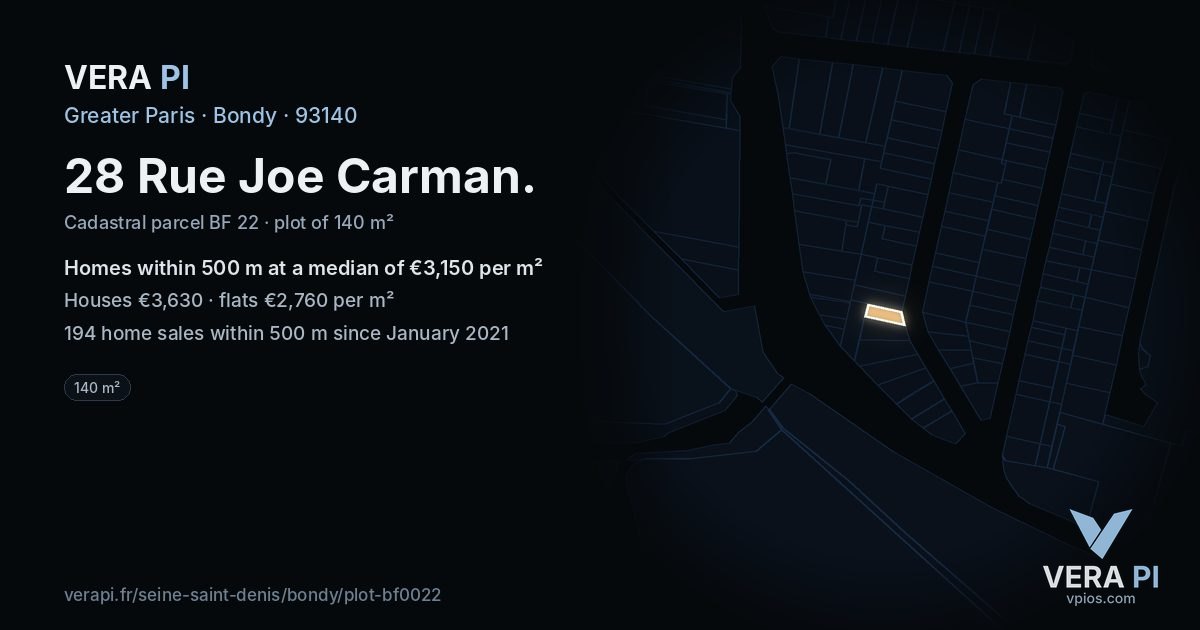 28 Rue Joe Carman, Bondy at night – the plot lit, the parcels around coloured by the prices near them
