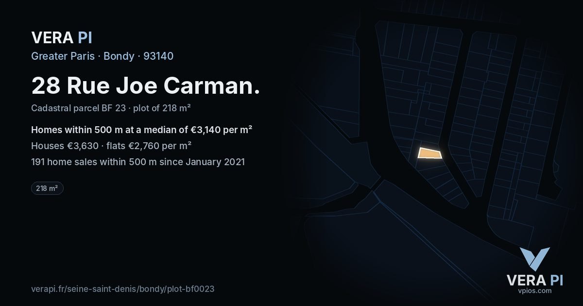 28 Rue Joe Carman, Bondy at night – the plot lit, the parcels around coloured by the prices near them