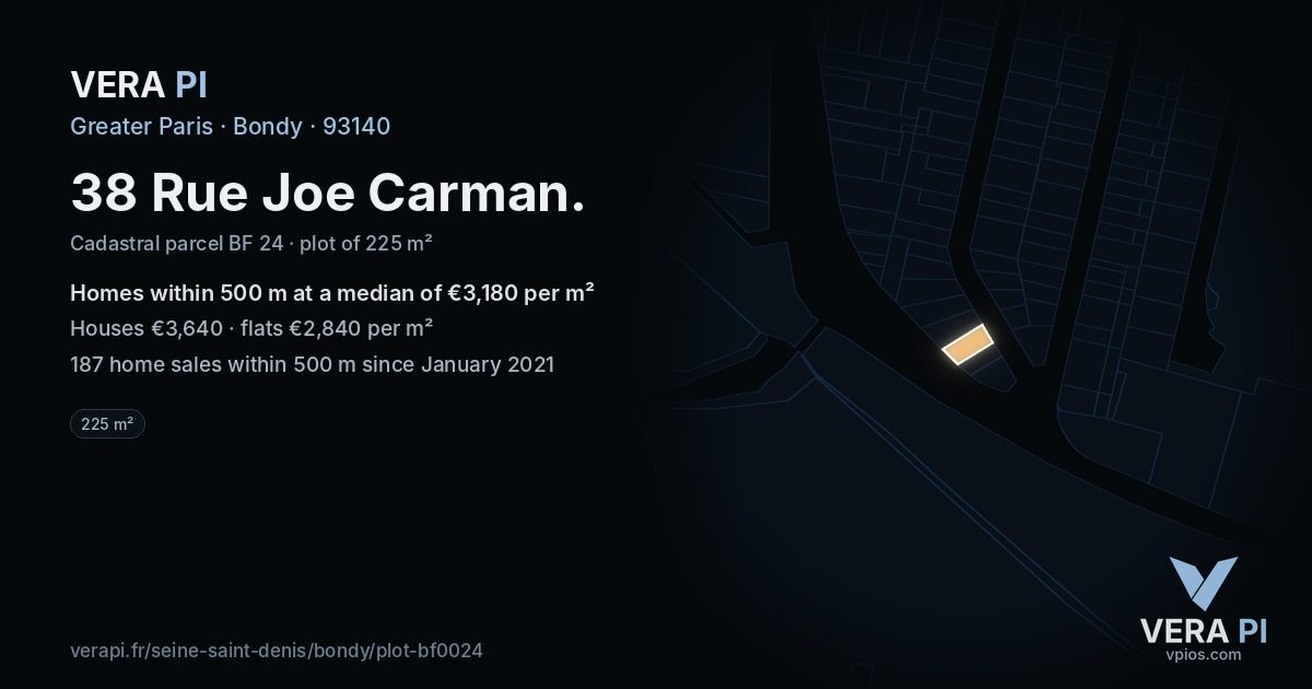 38 Rue Joe Carman, Bondy at night – the plot lit, the parcels around coloured by the prices near them