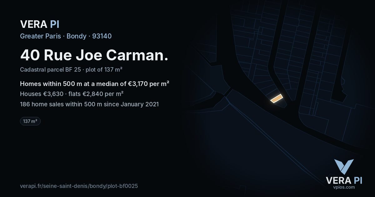 40 Rue Joe Carman, Bondy at night – the plot lit, the parcels around coloured by the prices near them