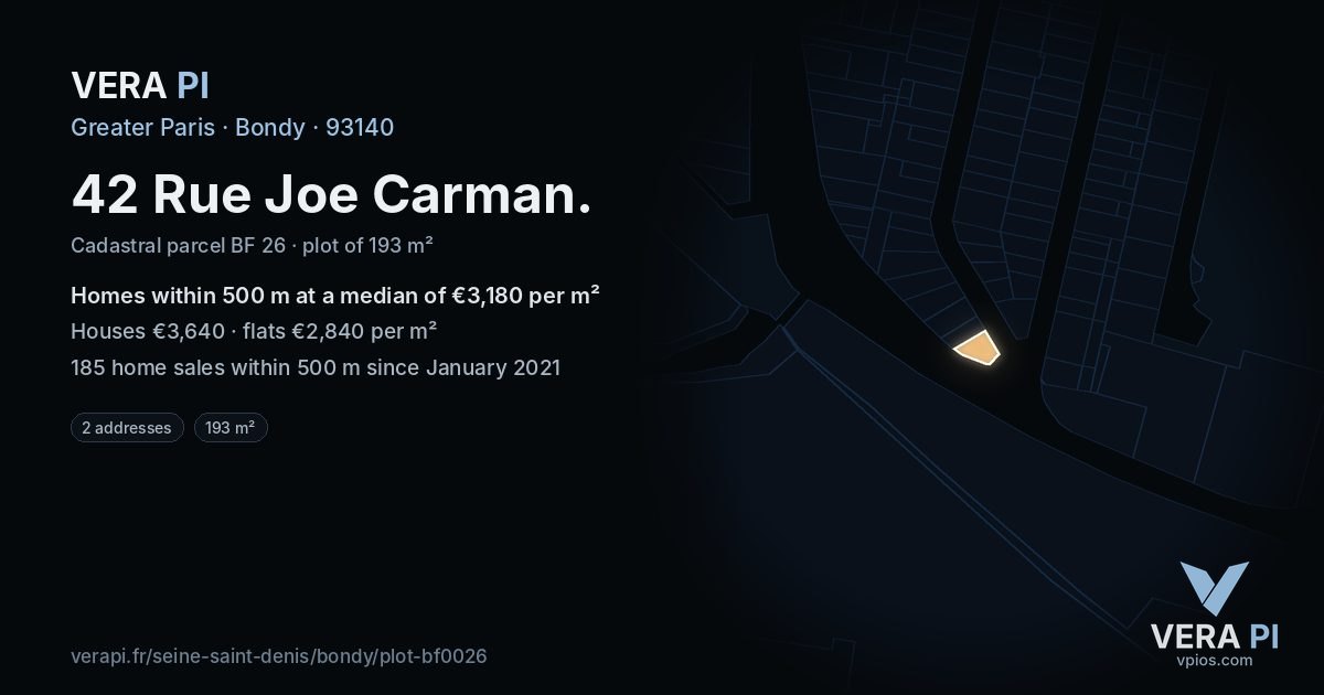 42 Rue Joe Carman, Bondy at night – the plot lit, the parcels around coloured by the prices near them
