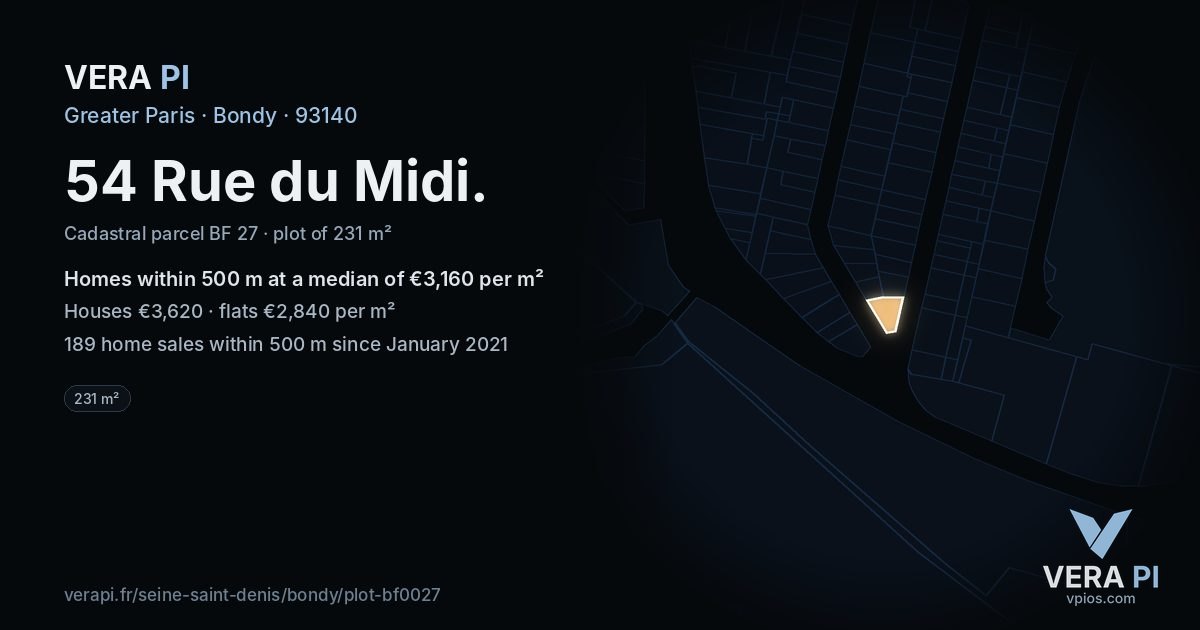 54 Rue du Midi, Bondy at night – the plot lit, the parcels around coloured by the prices near them