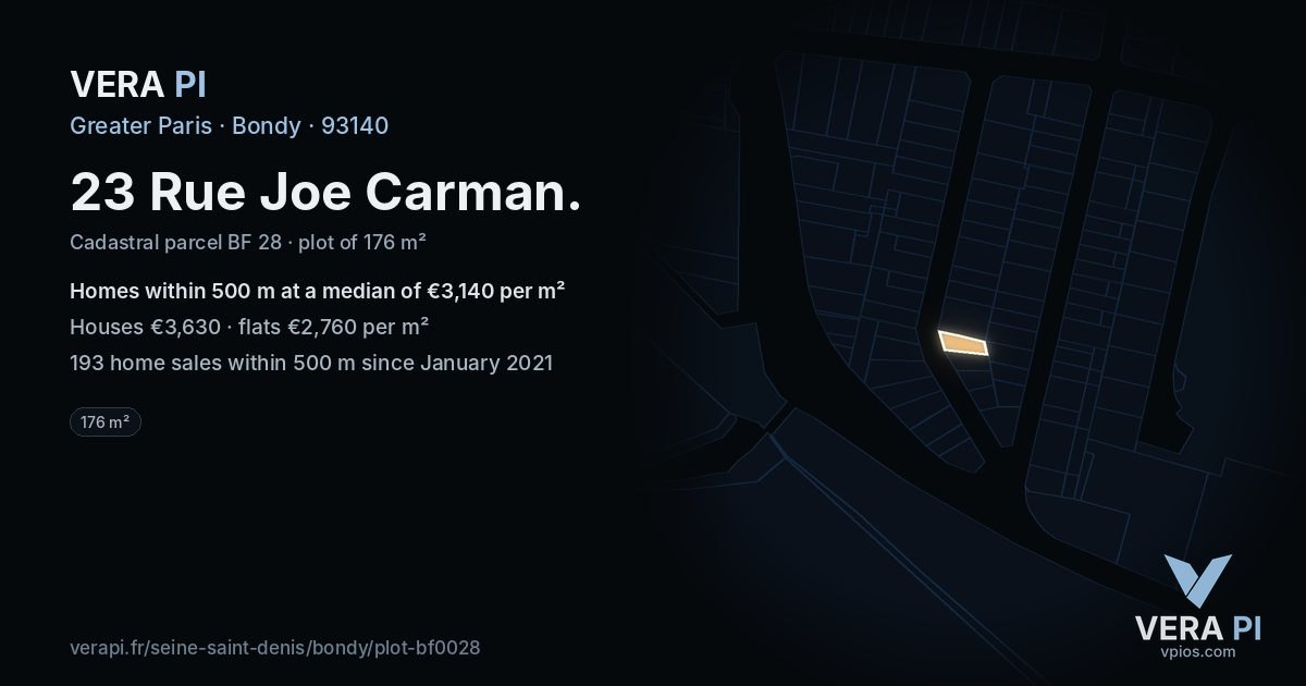 23 Rue Joe Carman, Bondy at night – the plot lit, the parcels around coloured by the prices near them