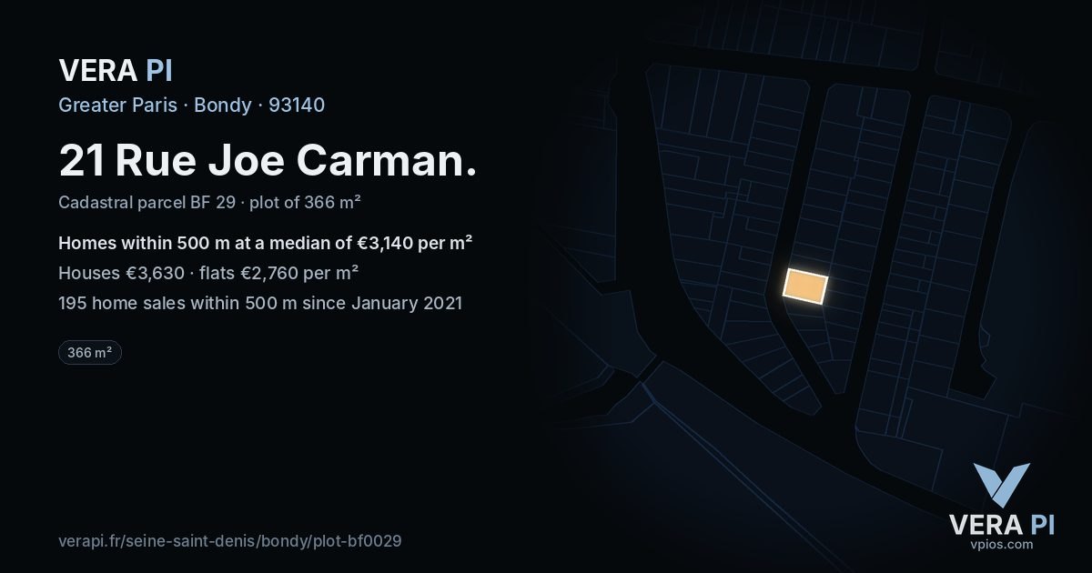 21 Rue Joe Carman, Bondy at night – the plot lit, the parcels around coloured by the prices near them
