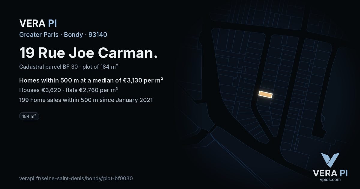 19 Rue Joe Carman, Bondy at night – the plot lit, the parcels around coloured by the prices near them