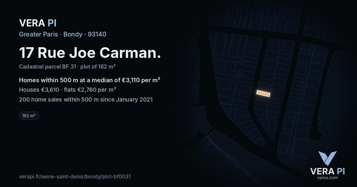 17 Rue Joe Carman, Bondy at night – the plot lit, the parcels around coloured by the prices near them