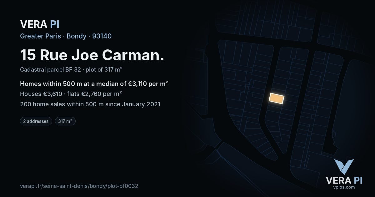15 Rue Joe Carman, Bondy at night – the plot lit, the parcels around coloured by the prices near them