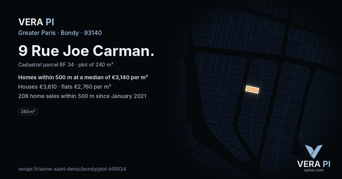 9 Rue Joe Carman, Bondy at night – the plot lit, the parcels around coloured by the prices near them