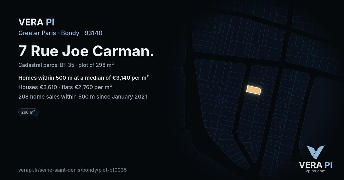 7 Rue Joe Carman, Bondy at night – the plot lit, the parcels around coloured by the prices near them