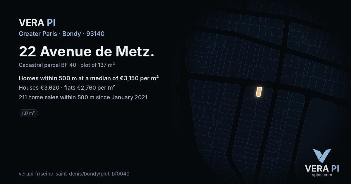 22 Avenue de Metz, Bondy at night – the plot lit, the parcels around coloured by the prices near them