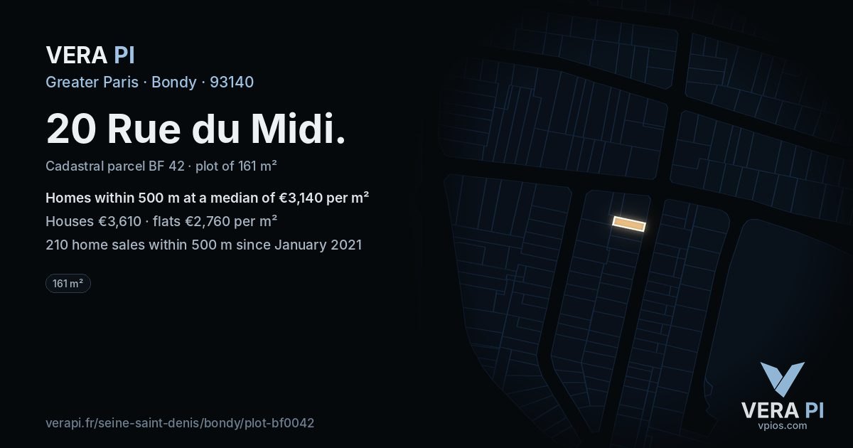 20 Rue du Midi, Bondy at night – the plot lit, the parcels around coloured by the prices near them