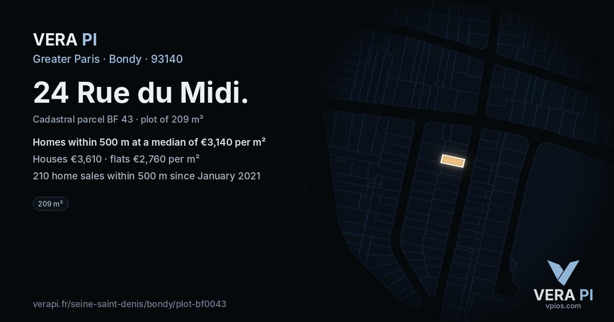 24 Rue du Midi, Bondy at night – the plot lit, the parcels around coloured by the prices near them