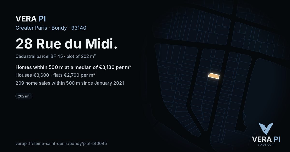 28 Rue du Midi, Bondy at night – the plot lit, the parcels around coloured by the prices near them