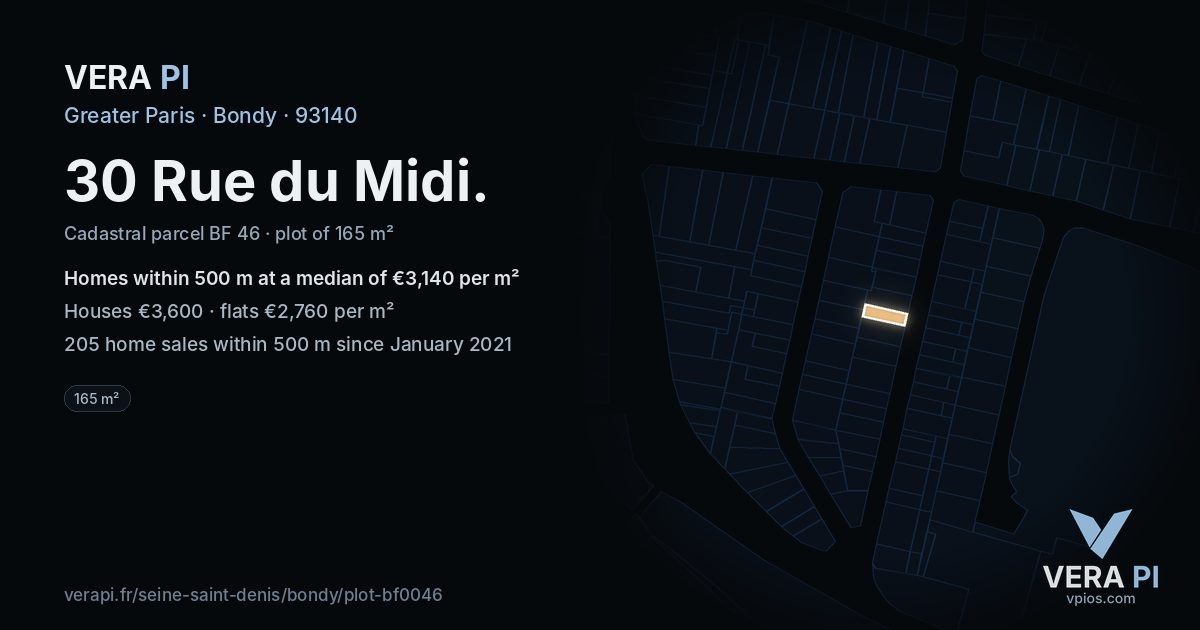 30 Rue du Midi, Bondy at night – the plot lit, the parcels around coloured by the prices near them