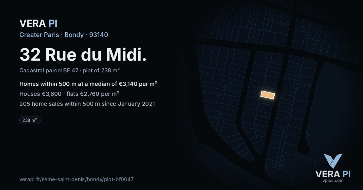 32 Rue du Midi, Bondy at night – the plot lit, the parcels around coloured by the prices near them