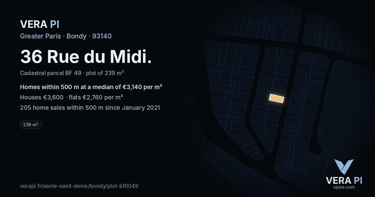 36 Rue du Midi, Bondy at night – the plot lit, the parcels around coloured by the prices near them