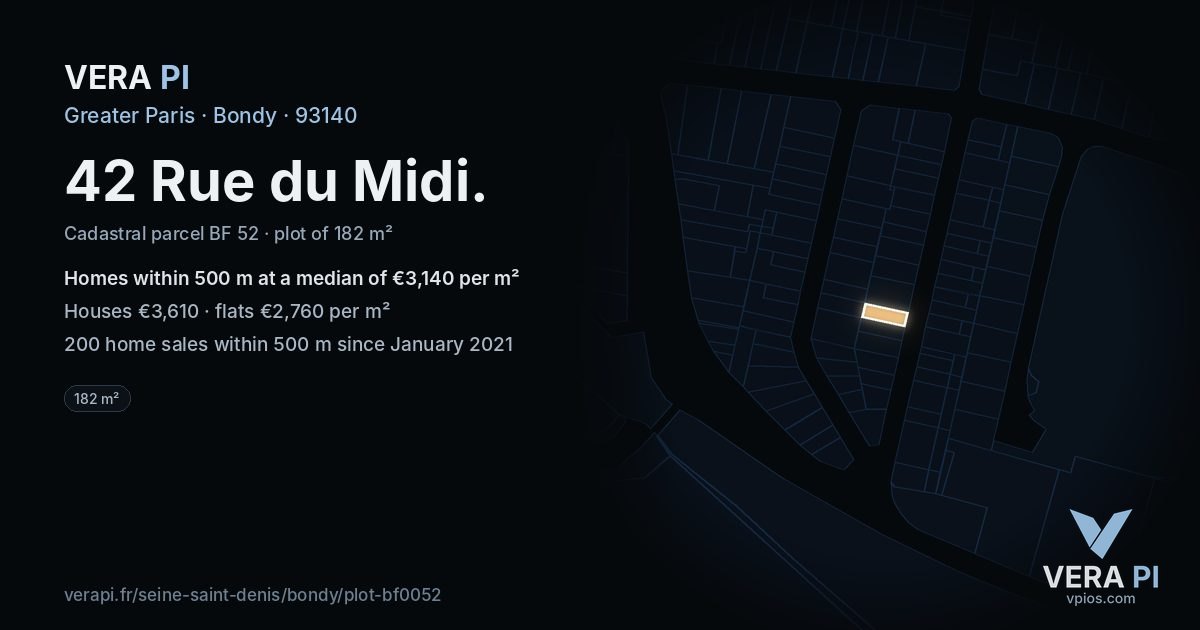 42 Rue du Midi, Bondy at night – the plot lit, the parcels around coloured by the prices near them